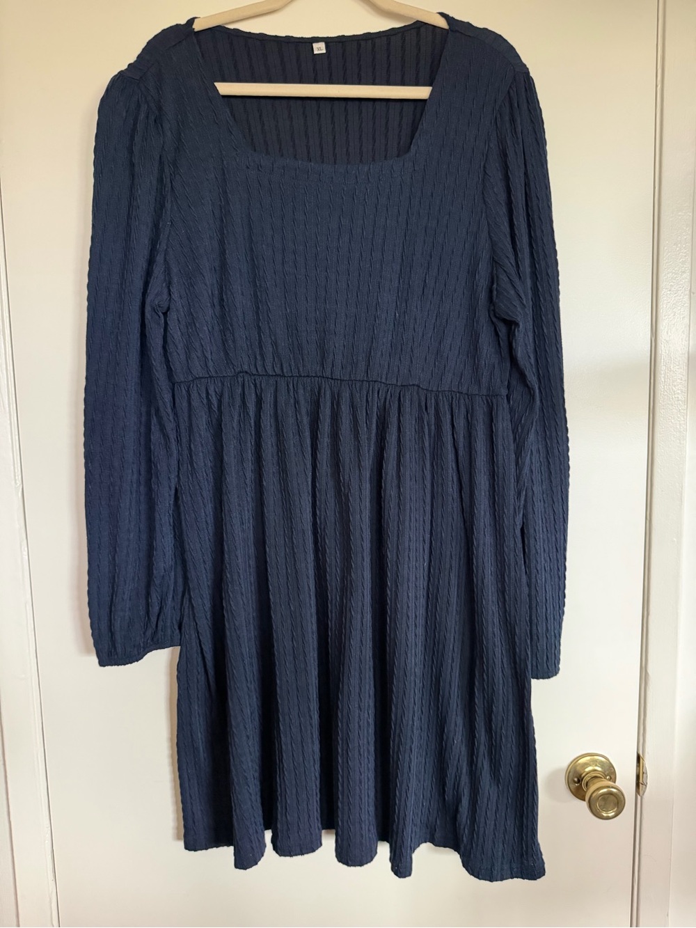 Long-Sleeve Navy Textured Square-Neck Dress